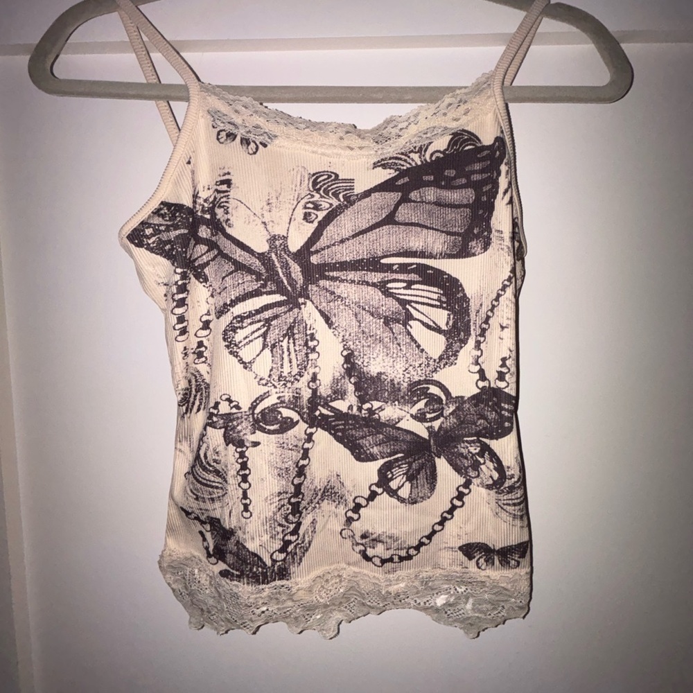 Butterfly Print Lace Trim Women's Top
